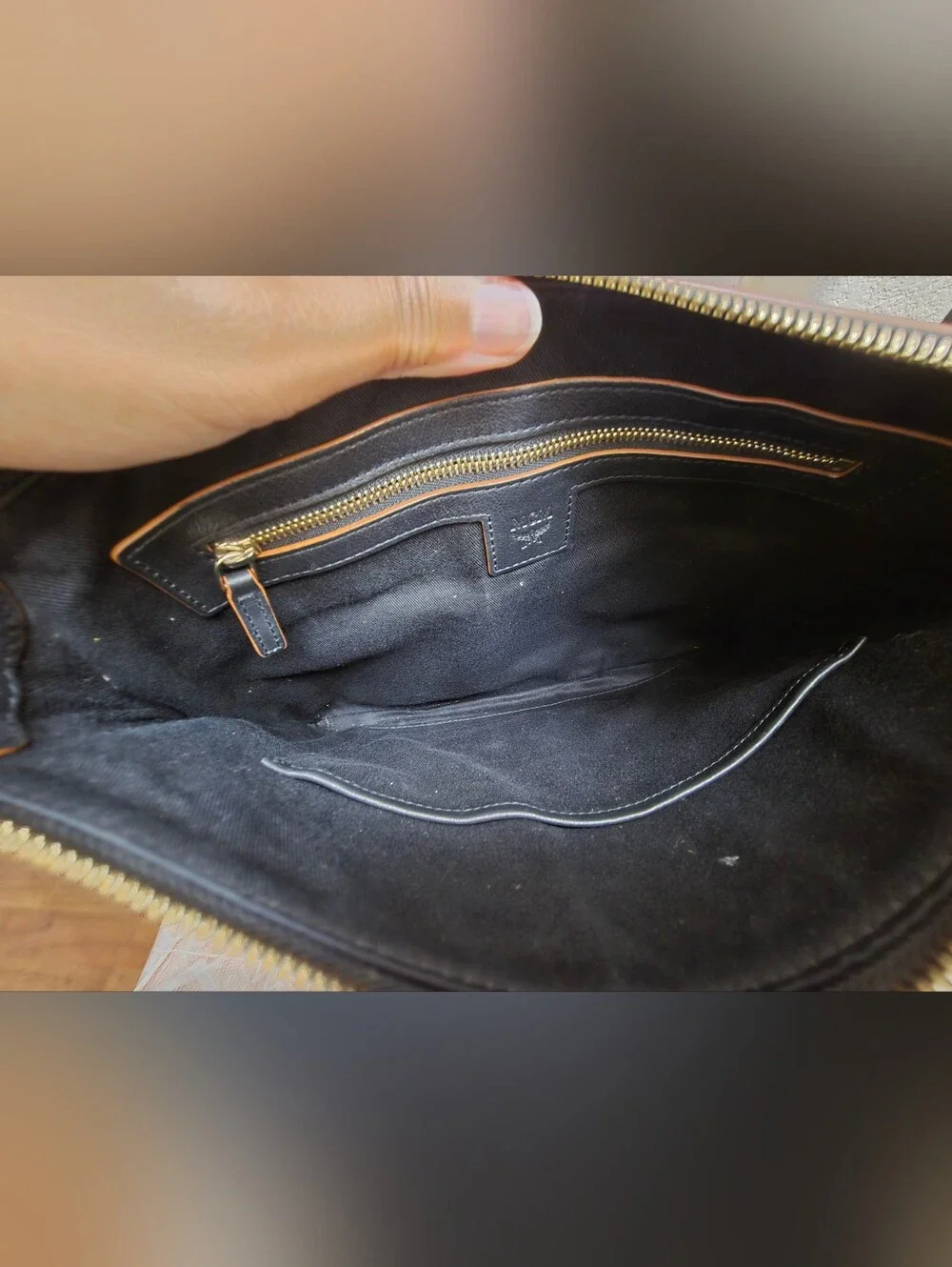 MCM Black Leather Embossed Crossbody with Tan Strap